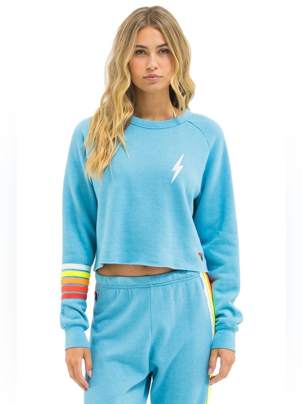 Aviator Nation Bolt Rugby Stitch Cropped Crew Sweatshirt – Aqua // White Neon